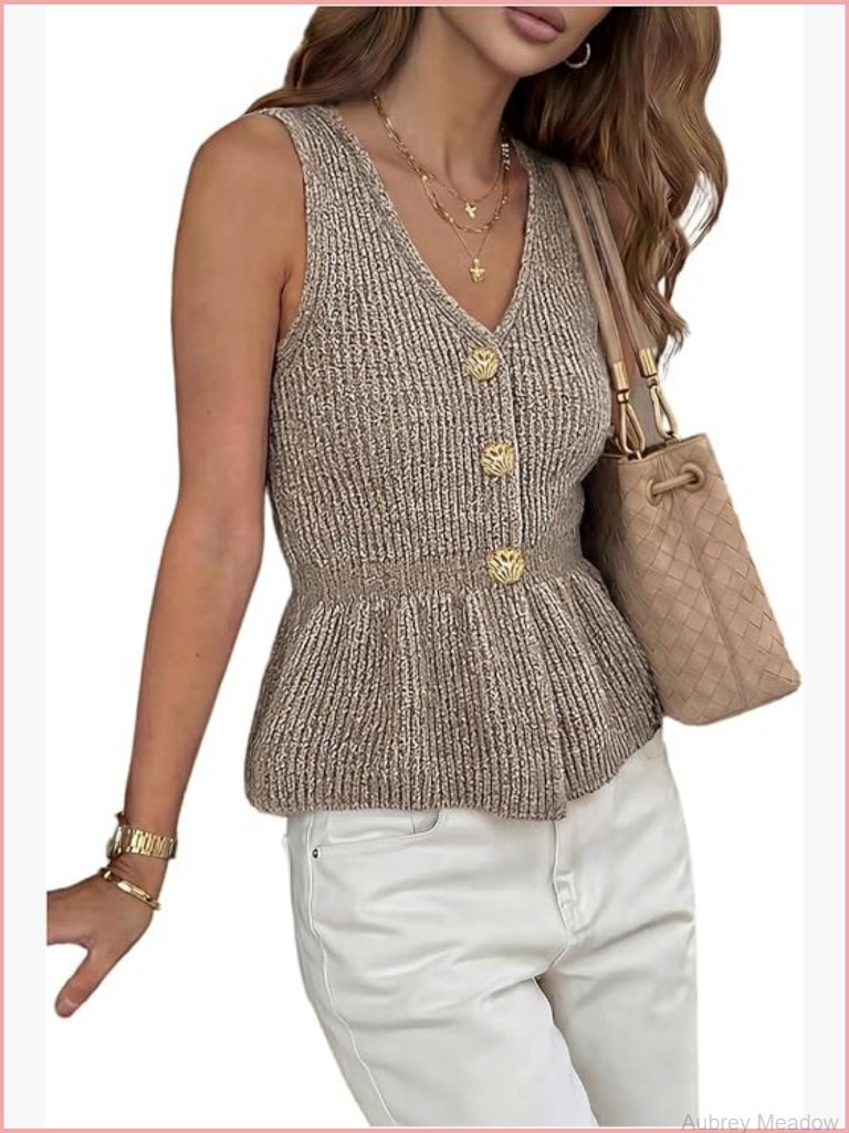 Sleeveless Button Down V Neck Sweater Vest Ruffle Hem Knit Peplum Tank